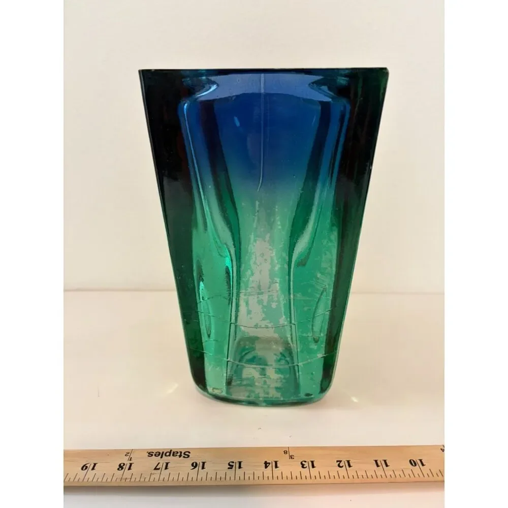 Vtg Murano Sommerso Art vase Green to Blue Lead Crystal Vase 15